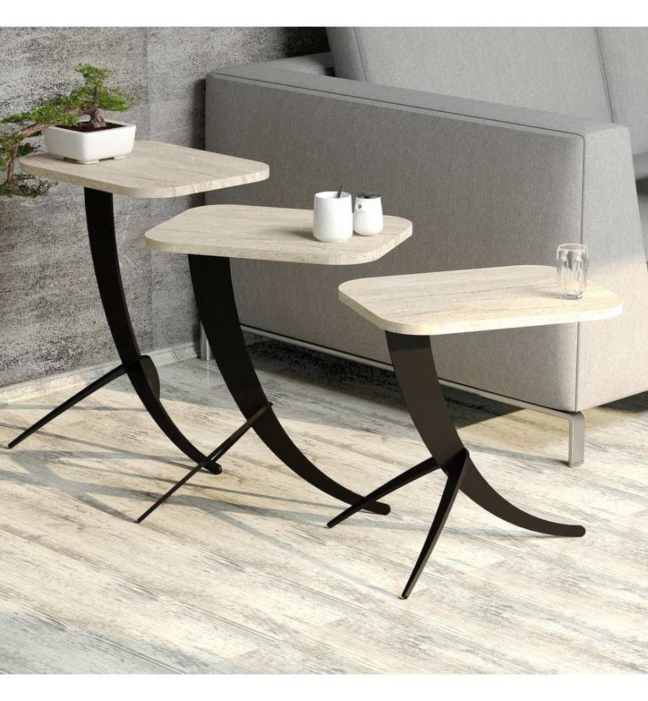 Table gigogne, 3 pièces, travertin, panneau de particules 100 % mélaminé