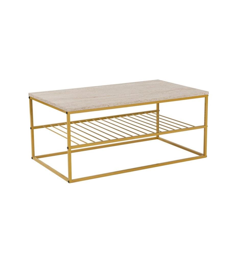 Table basse, travertin, dorée, panneau de particules 100 % recouvert de mélamine