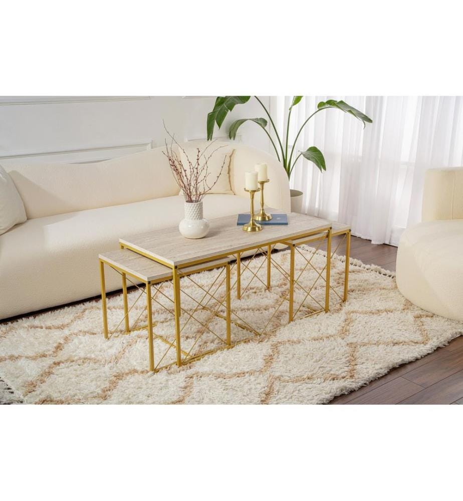 Couchtisch-Set, Travertin, Gold, 100 % MELAMINBESCHICHTETE SPANPLATTE, Metallbeine