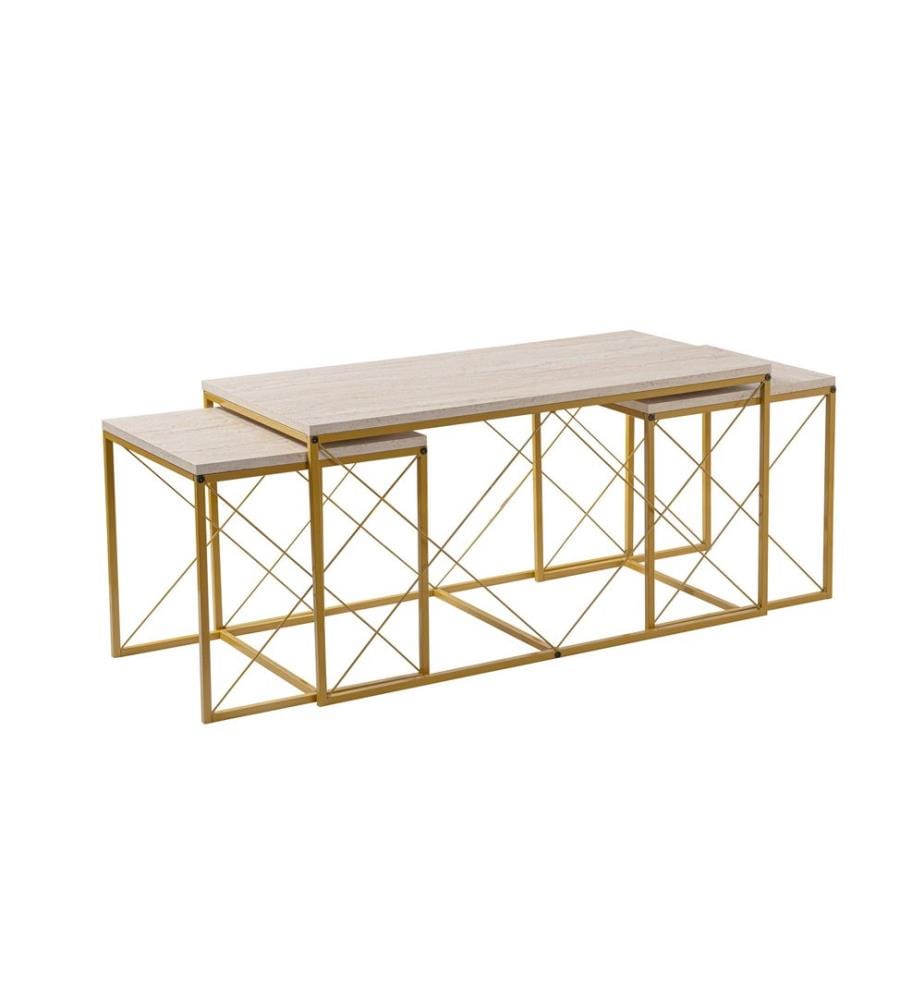 Couchtisch-Set, Travertin, Gold, 100 % MELAMINBESCHICHTETE SPANPLATTE, Metallbeine