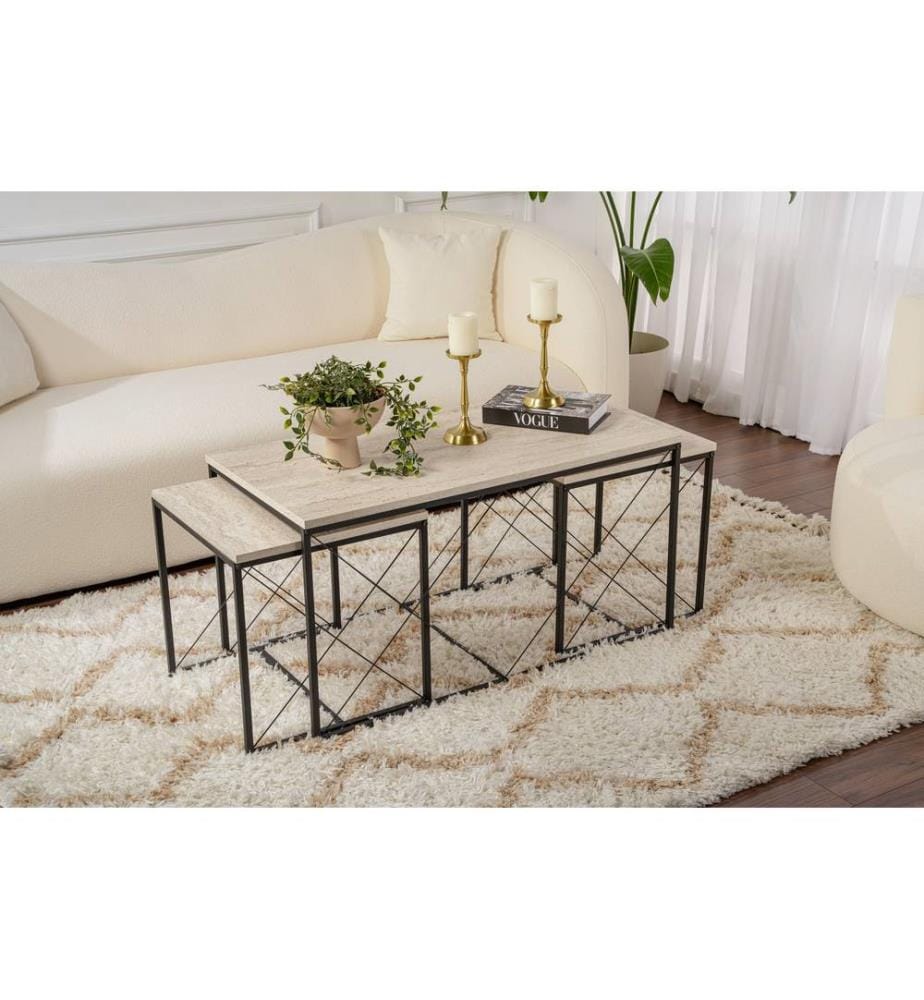 Couchtisch-Set, Travertin Schwarz, 100 % MELAMINBESCHICHTETE SPANPLATTE, Metallbeine