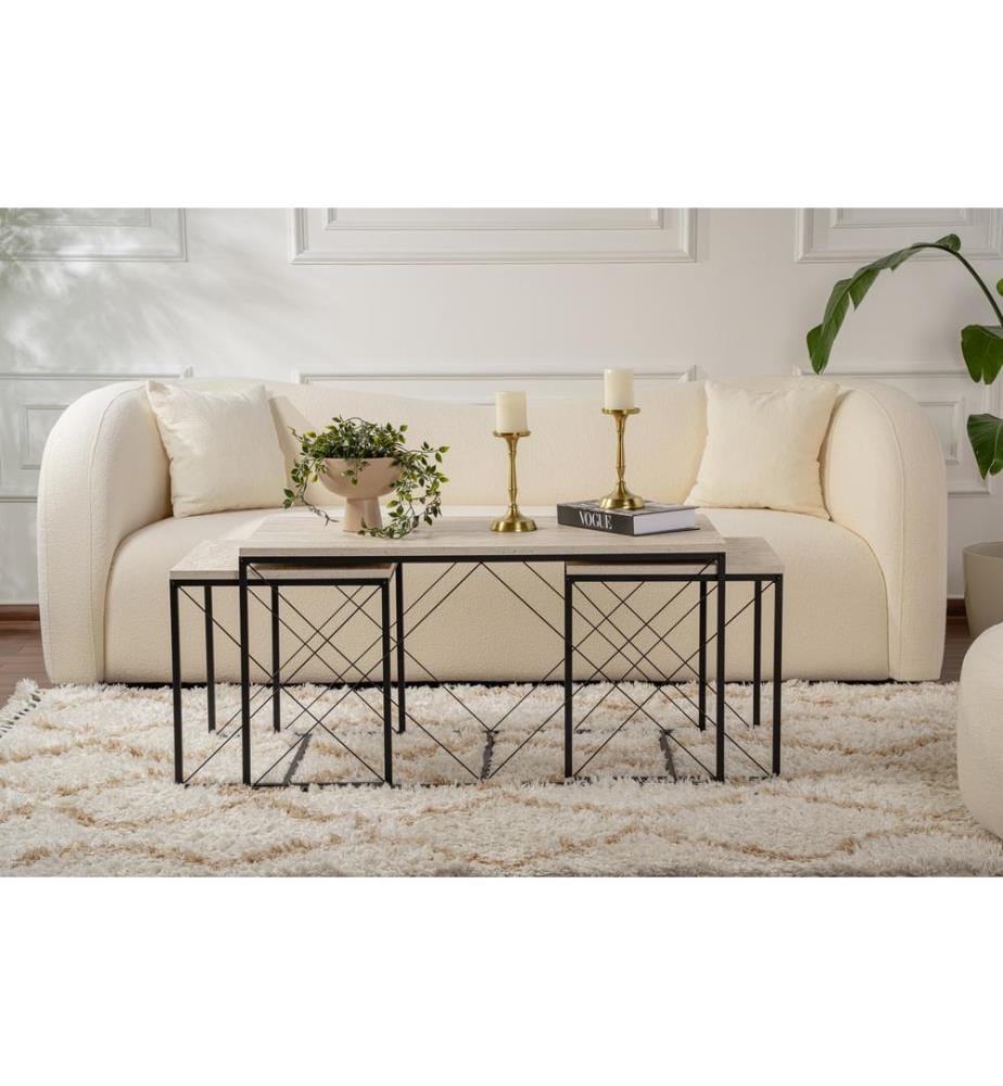 Couchtisch-Set, Travertin Schwarz, 100 % MELAMINBESCHICHTETE SPANPLATTE, Metallbeine