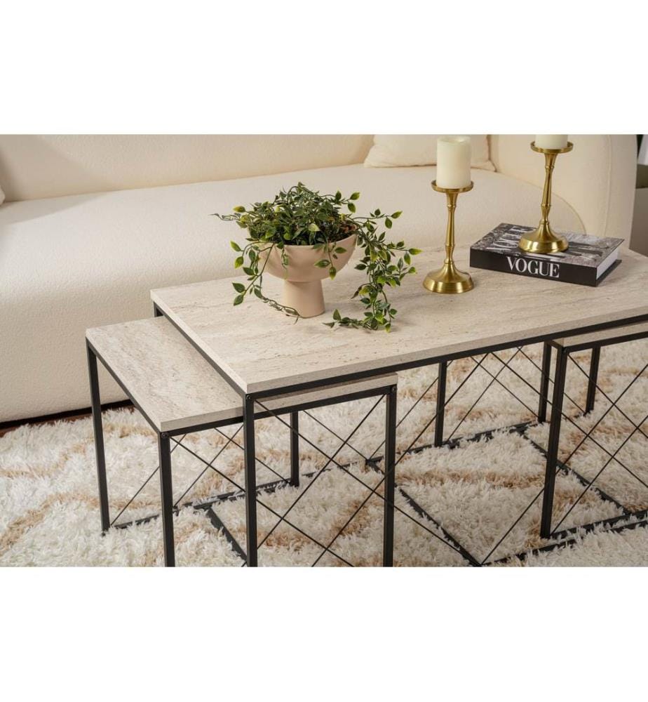 Couchtisch-Set, Travertin Schwarz, 100 % MELAMINBESCHICHTETE SPANPLATTE, Metallbeine