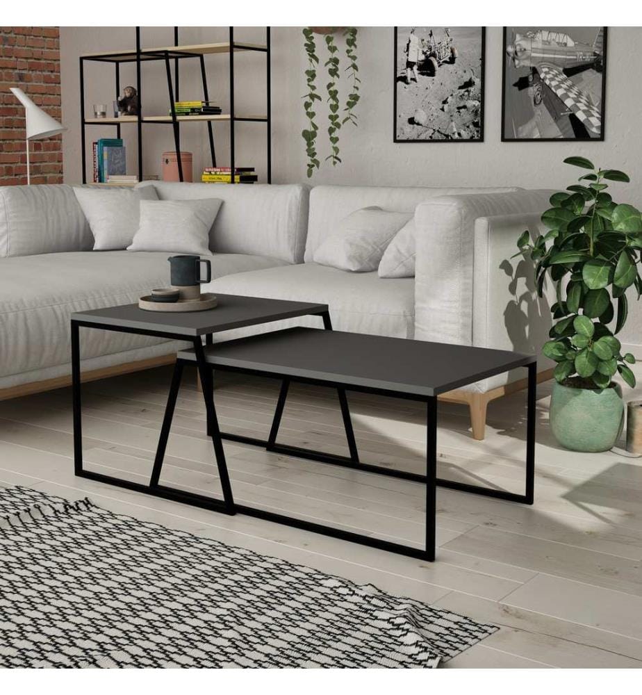 Couchtisch-Set, Anthrazit, Schwarz, Melaminharzbeschichtete Spanplatte, Metallgestell