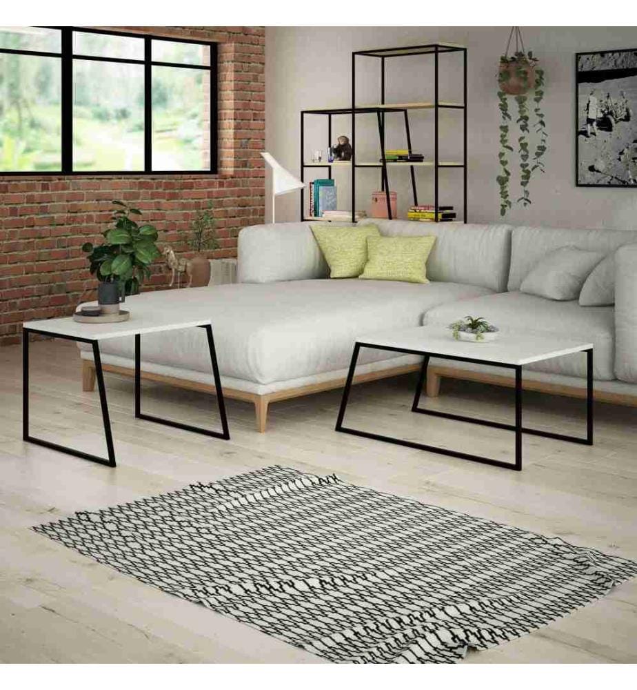 Set de table basse, blanc, noir, panneau de particules mélaminé, structure métallique
