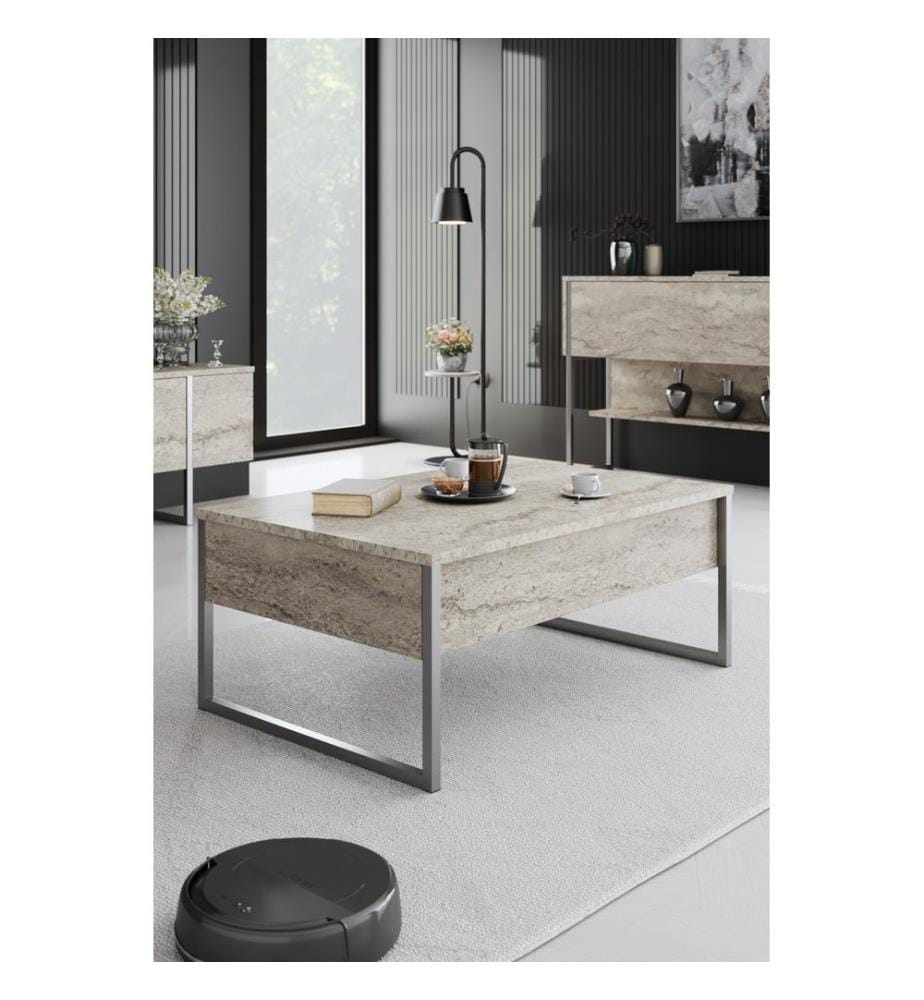 Table basse, travertin, argent, panneau de particules 100 % mélaminé, pieds en métal