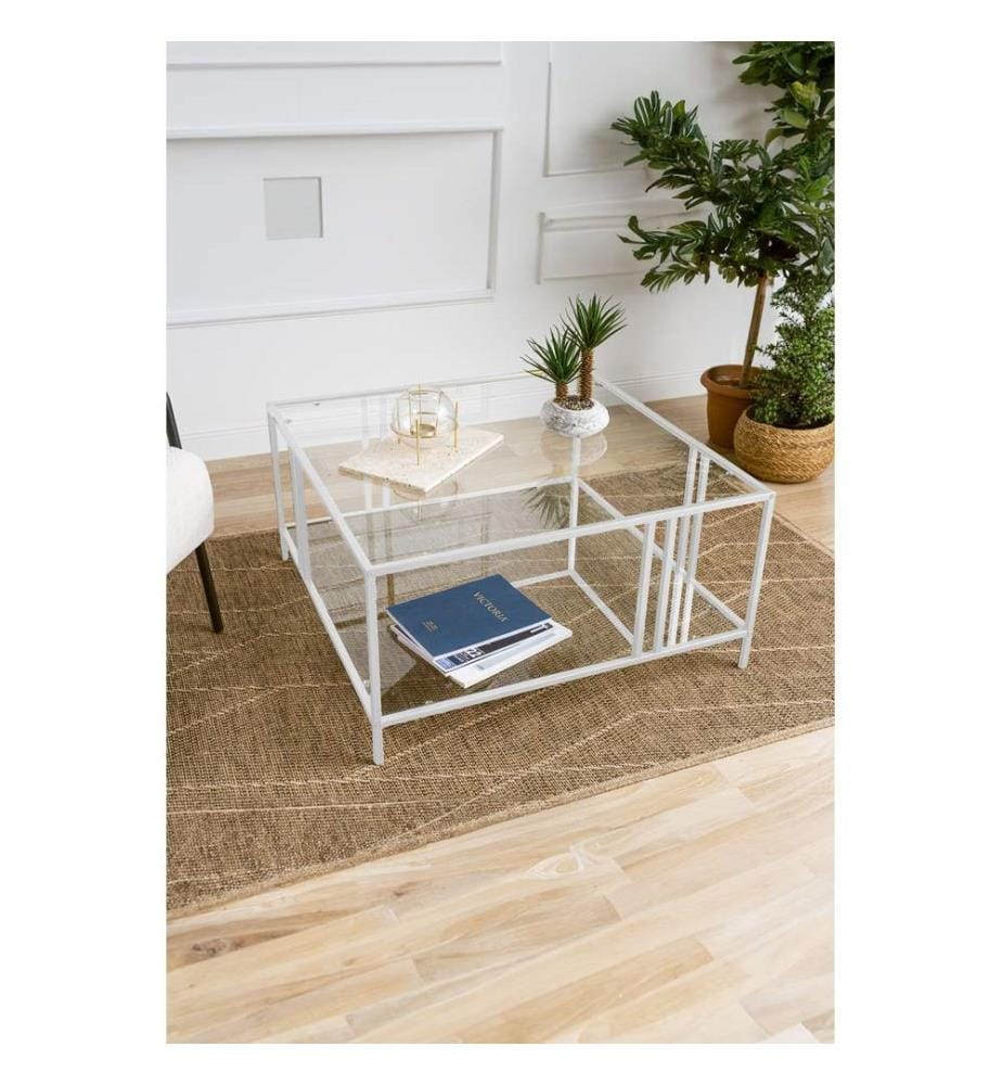 Table basse, blanche, transparente, 100 % VERRE TRANSPARENT TREMPÉ, structure : 100 % MÉTAL
