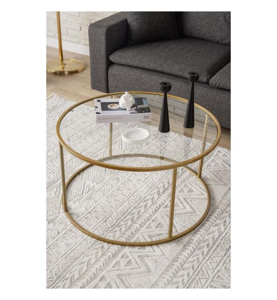 Table basse, dorée, transparente, 100 % VERRE TRANSPARENT TREMPÉ, structure : 100 % MÉTAL