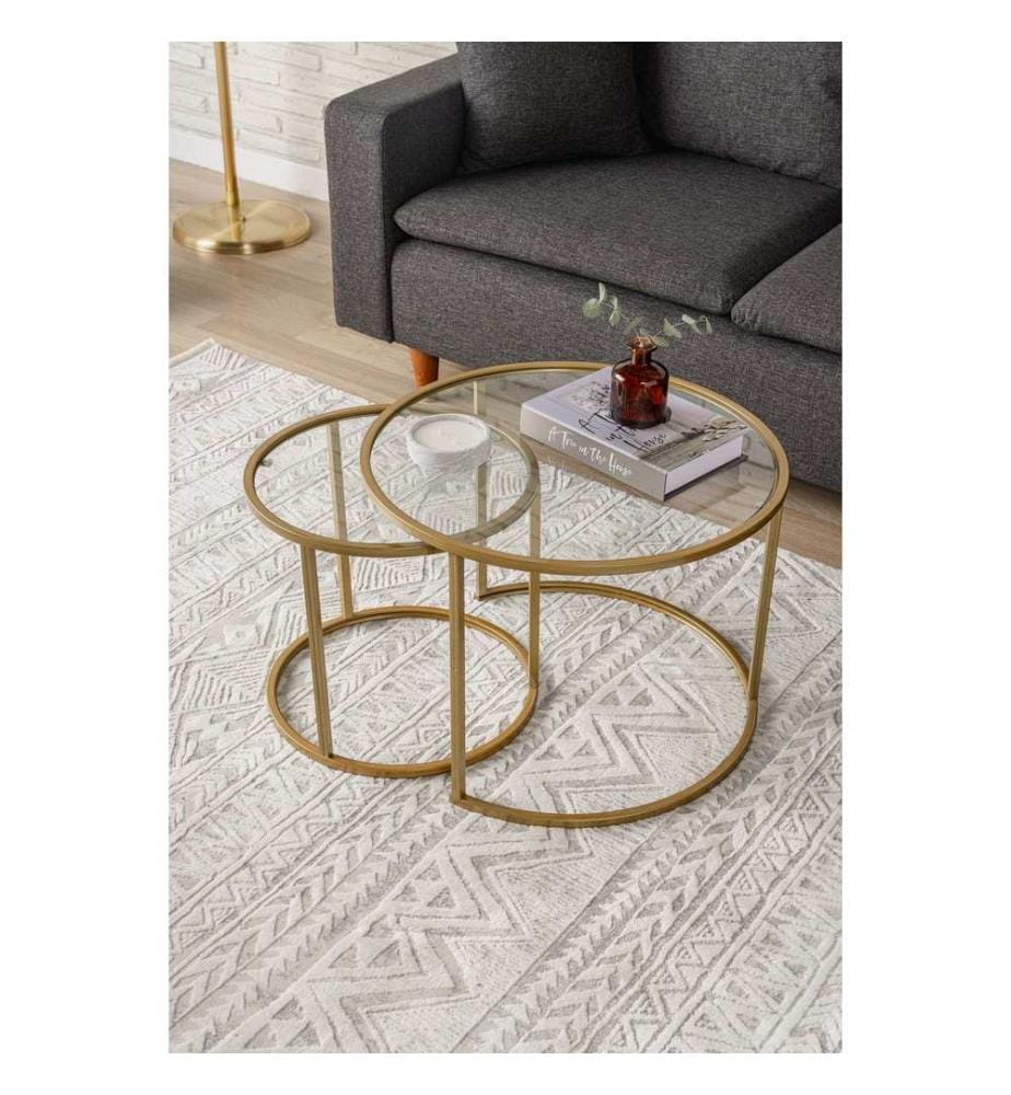 Table basse, dorée, transparente, 100 % VERRE TRANSPARENT TREMPÉ, structure : 100 % MÉTAL