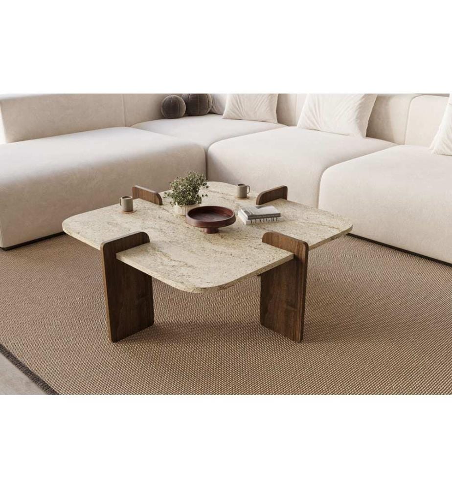 Table basse, travertin, noyer, 100 % AGRAGÉ MÉLAMINÉ