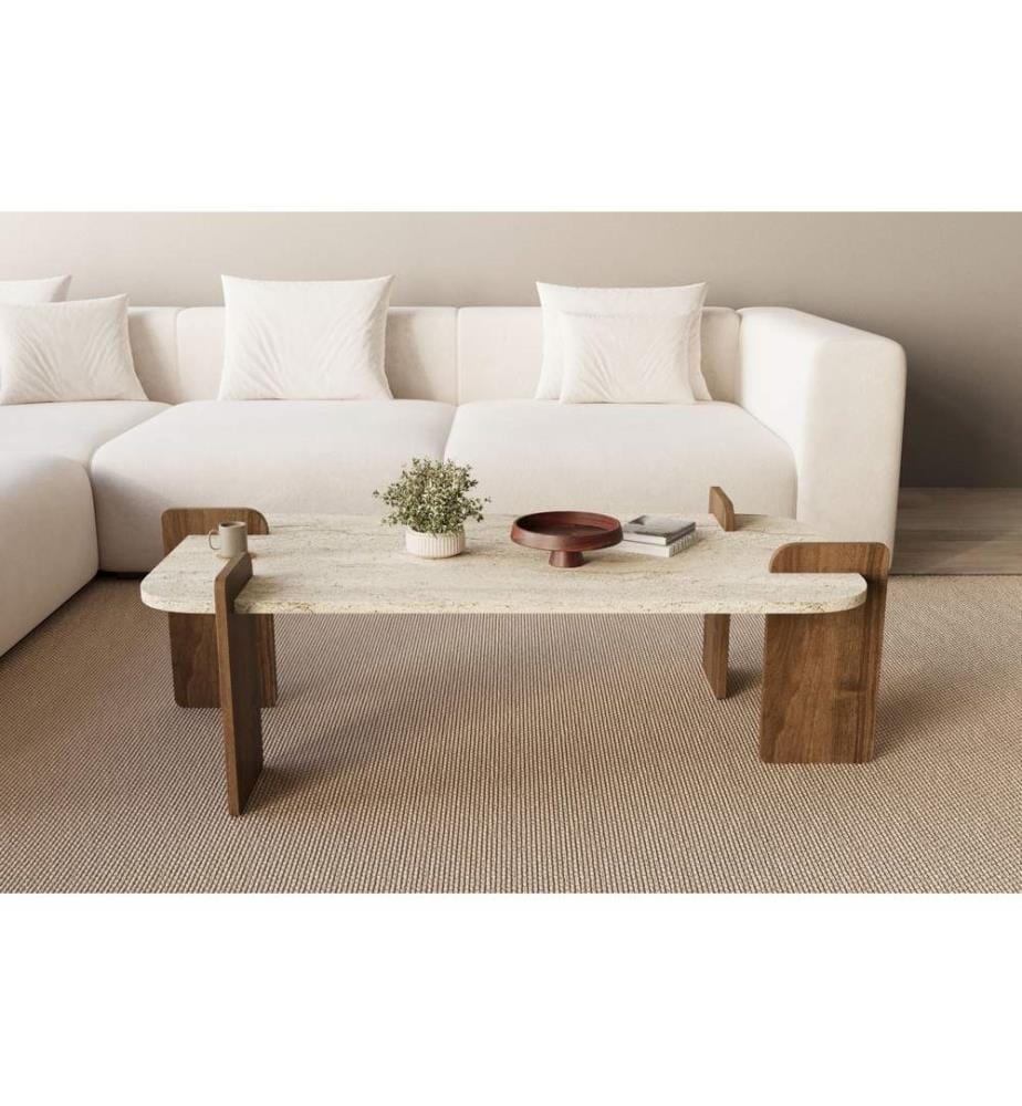 Table basse, travertin, noyer, PANNEAU DE PARTICULES ENTIÈREMENT RECOUVERT DE MÉLAMINE