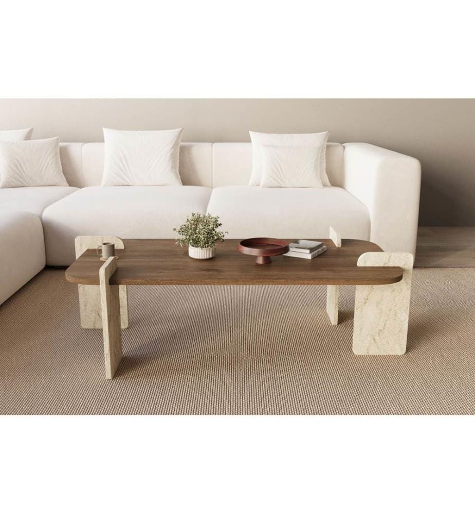 Table basse, noyer, travertin, PANNEAU DE PARTICULES ENTIÈREMENT RECOUVERT DE MÉLAMINE