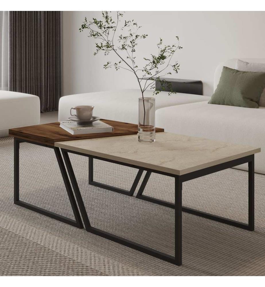 Ensemble de tables basses, travertin, noyer rustique, 100 % PANNEAUX DE PARTICULES RECOUVERTS DE MÉLAMINE