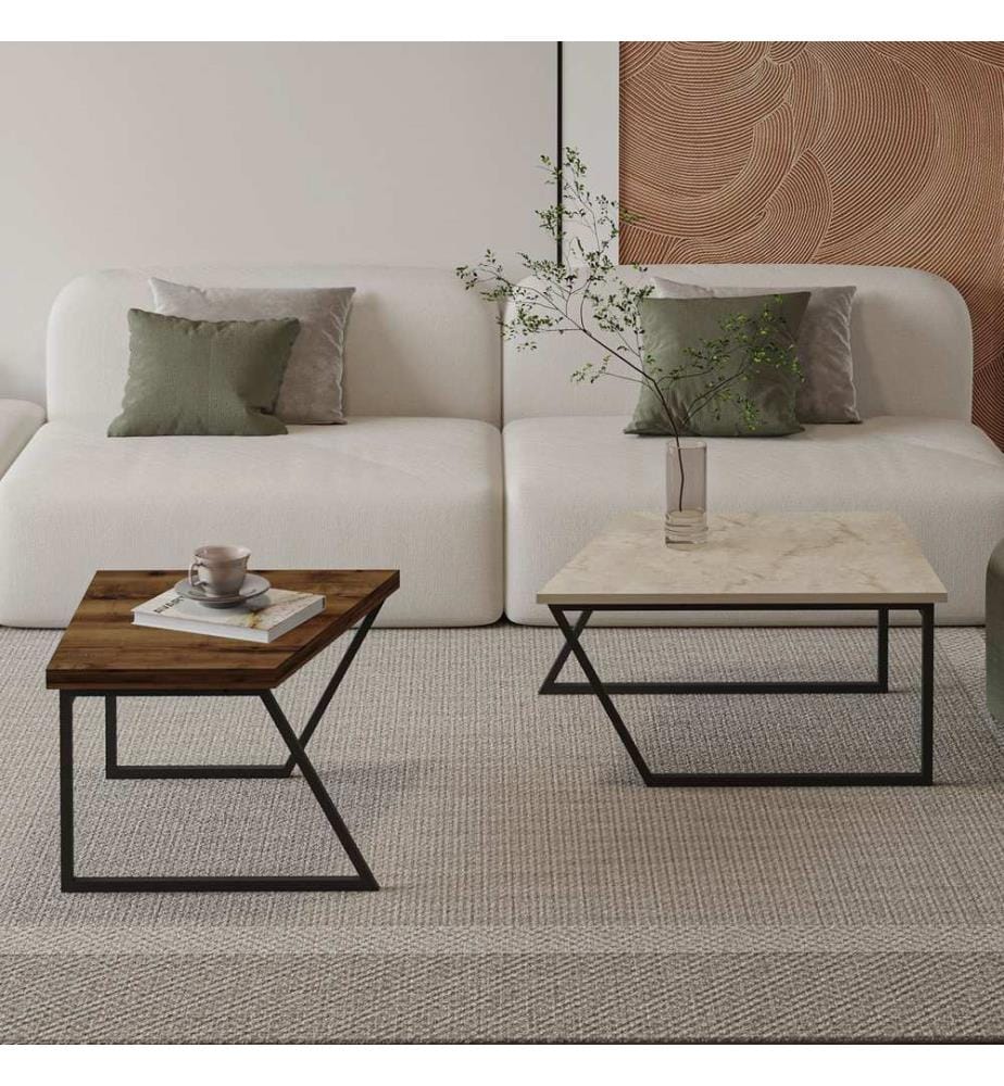 Ensemble de tables basses, travertin, noyer rustique, 100 % PANNEAUX DE PARTICULES RECOUVERTS DE MÉLAMINE