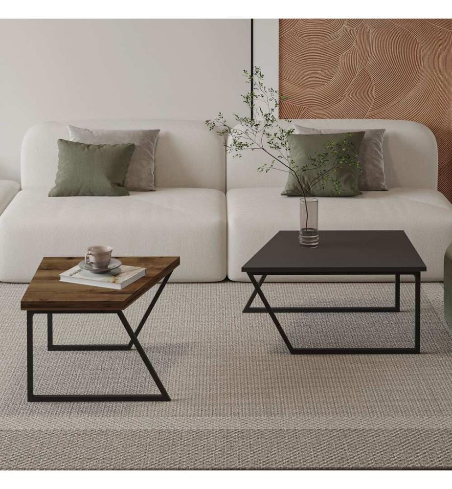 Couchtischset, Anthrazit, rustikales Walnussholz, 100 % MELAMINBESCHICHTETE SPANPLATTE