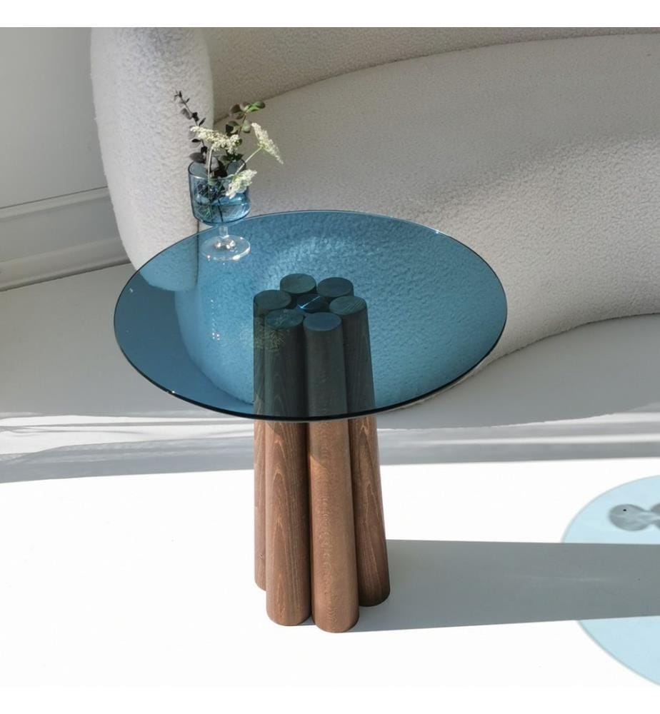 Couchtisch, Nussbaum, Blau, gehärtetes Glas, Gestell: Buche
