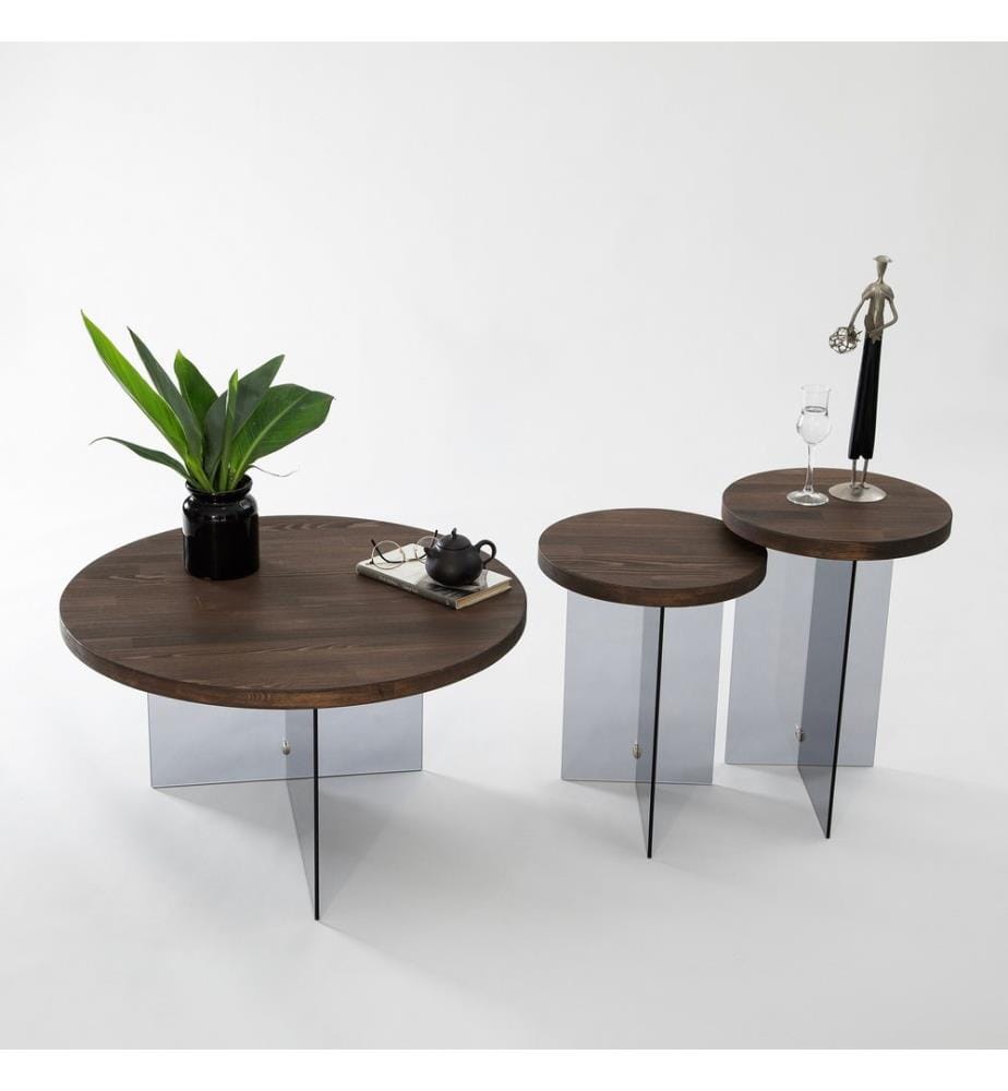 Couchtisch-Set, Nussbaum, Dunkelgrau, Gehärtetes Glas, Gestell: MDF