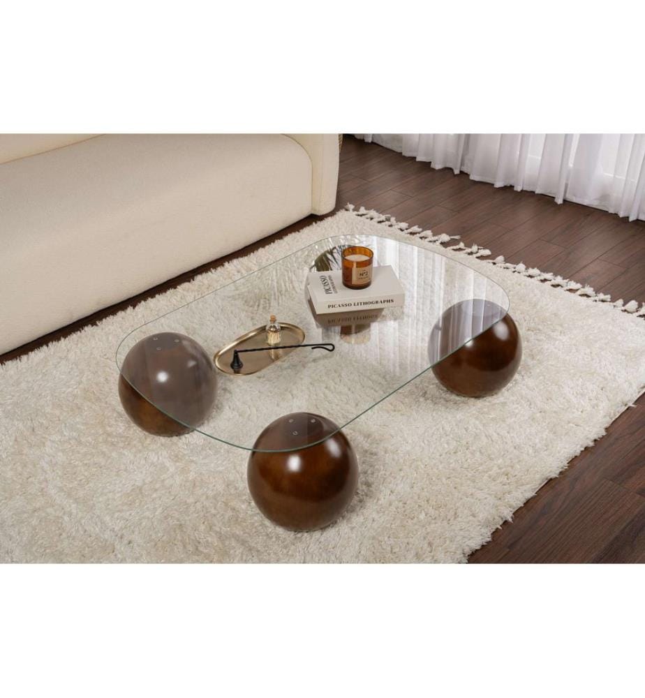 Table basse, noyer, transparente, plateau : 100 % VERRE TREMPÉ