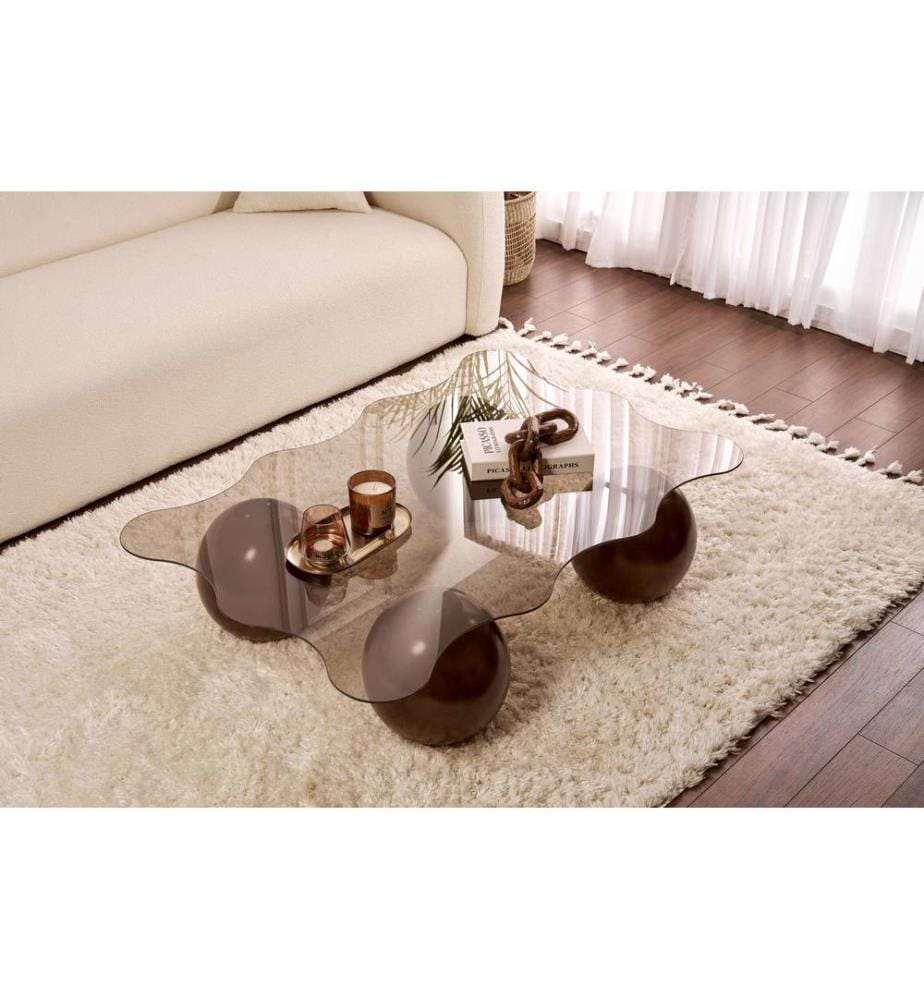 Table basse, noyer, bronze, plateau : 100 % VERRE TREMPÉ