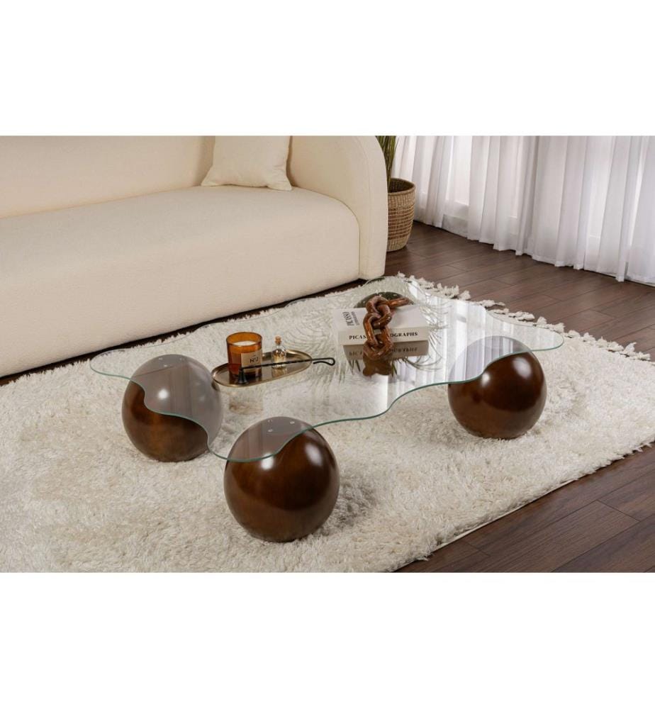Table basse, noyer, transparent, plateau : 100 % VERRE TREMPÉ