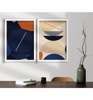 Dekorative gerahmte MDF-Gemälde, 2 Stück, Orange Marineblau Blau Creme, MDF, Holz gerahmt
