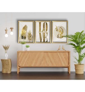 Dekorative gerahmte MDF-Gemälde, 3 Stück, Gold Beige Weiss, MDF, Holz gerahmt