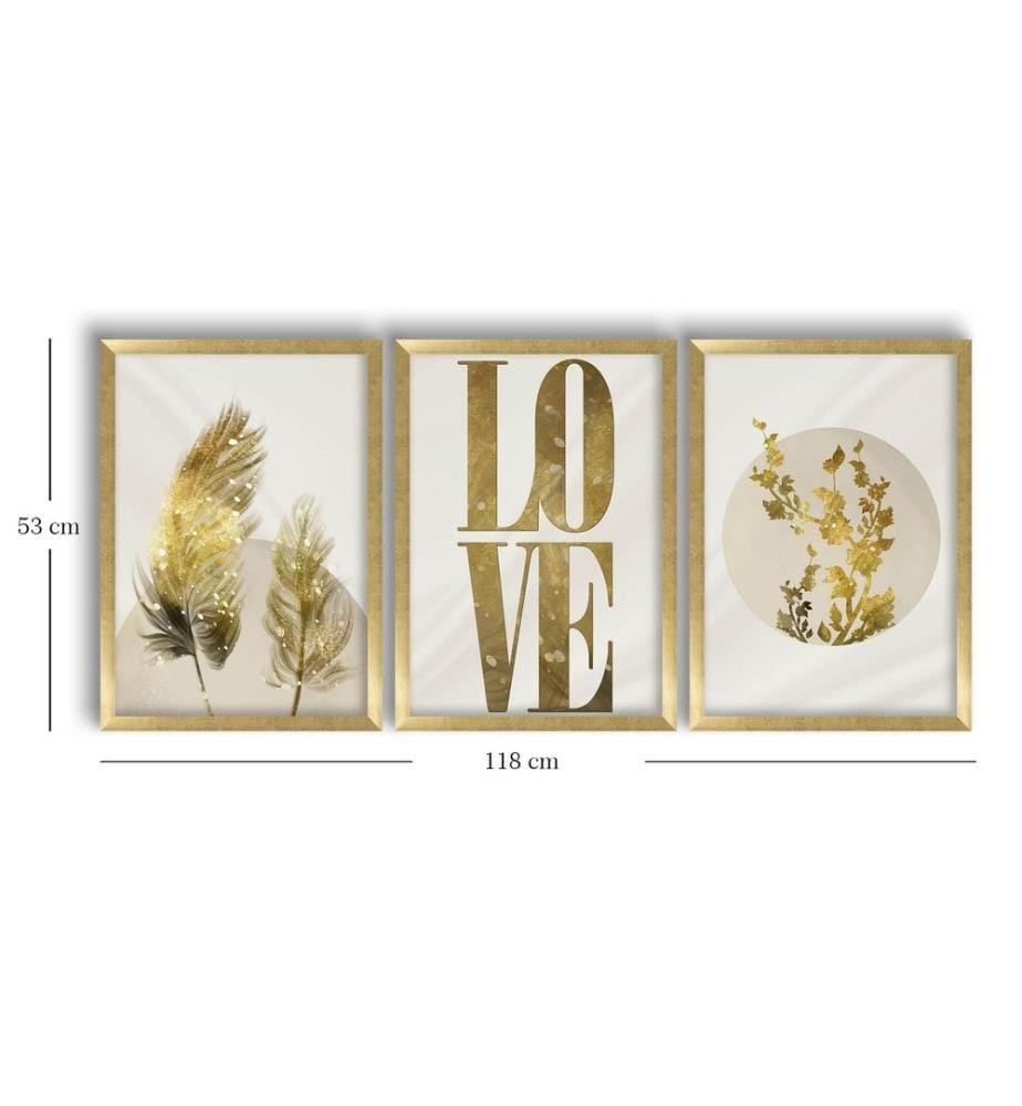 Decorative Framed MDF Painting, 3 Pieces, Gold Beige White, MDF, Wooden Framed