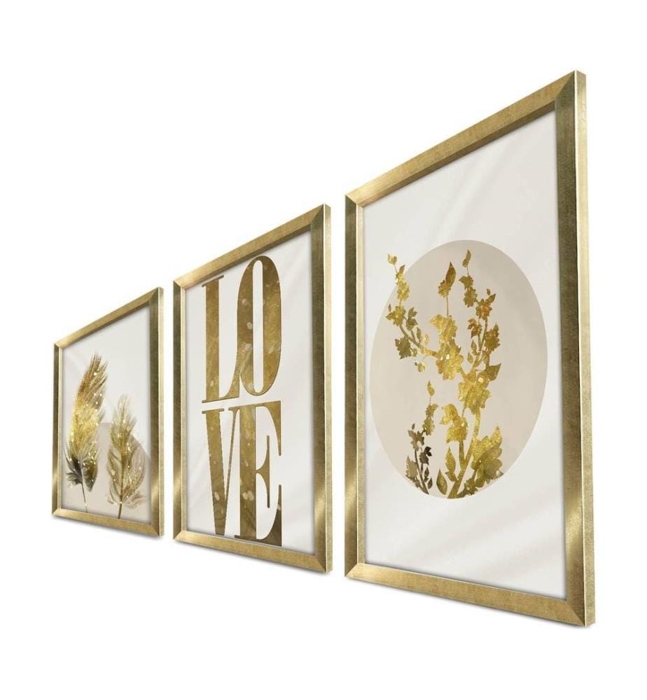 Decorative Framed MDF Painting, 3 Pieces, Gold Beige White, MDF, Wooden Framed