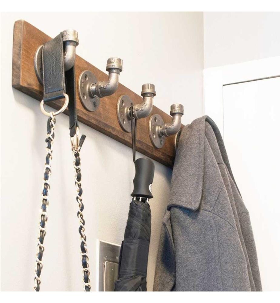 Gancio per tubo, noce nero, legno di abete rosso, tubo di metallo
