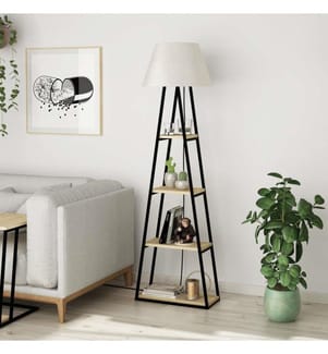 Lampada da terra, lino di quercia, pannello di particelle rivestito di melammina