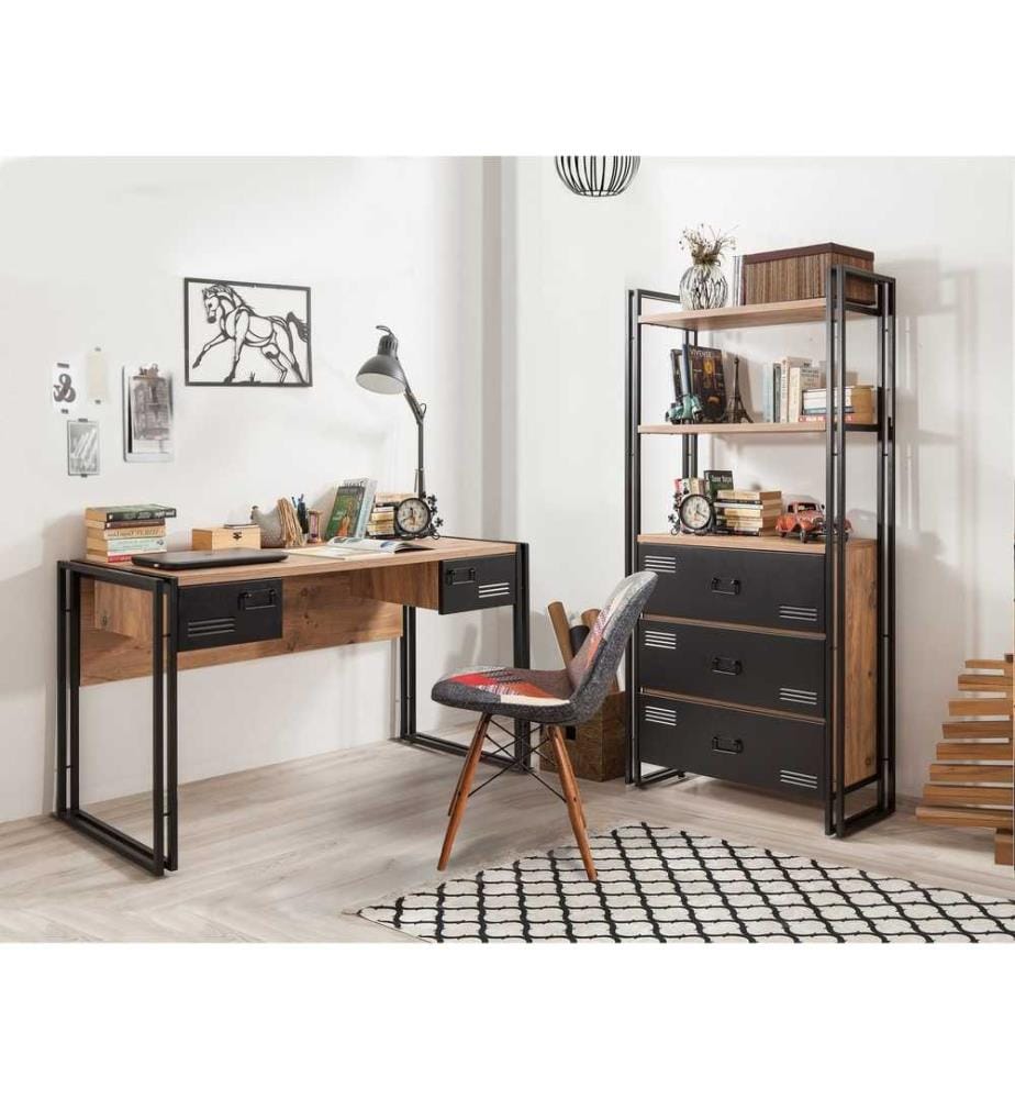 Arbeitszimmer-Möbelset, Atlantische Kiefer, Schwarz, Melaminbeschichtete Spanplatte