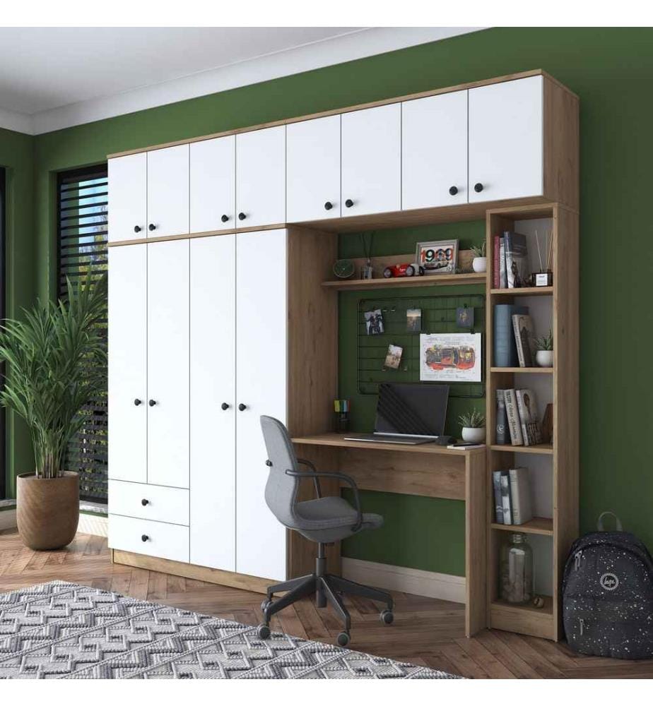 Ensemble de chambre Study, noyer, blanc, panneau de particules mélaminé