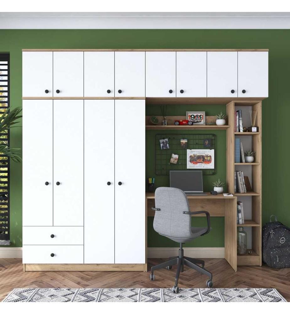 Ensemble de chambre Study, noyer, blanc, panneau de particules mélaminé
