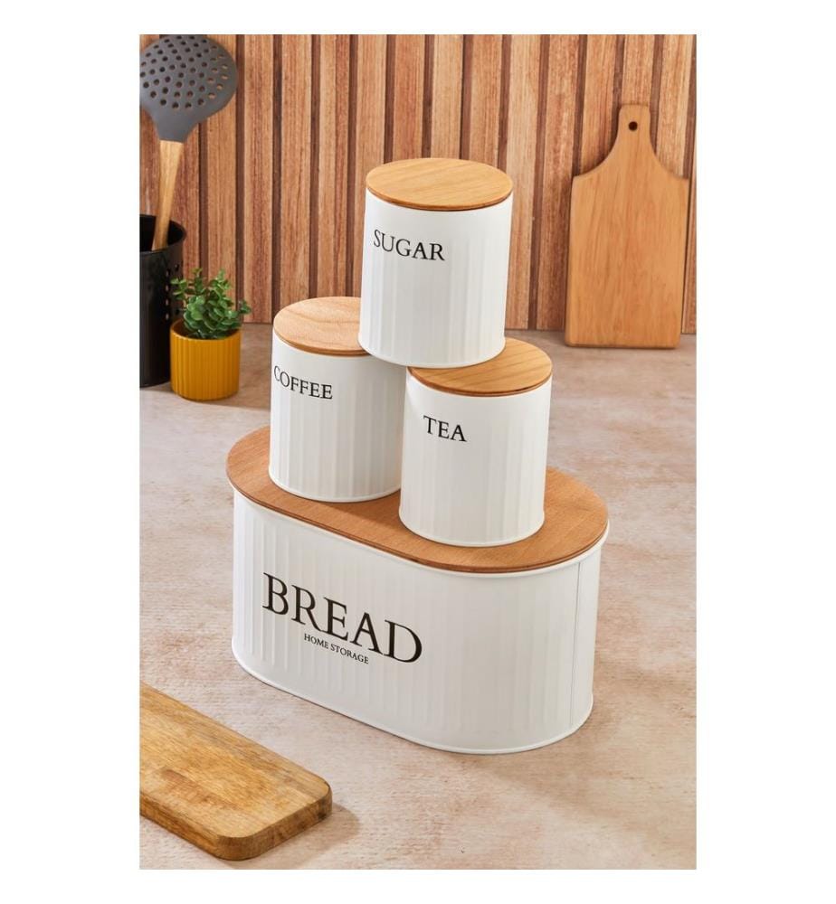 Set di contenitori, 4 pezzi, bianco, 100% METALLO, coperchio in legno (4 pezzi)