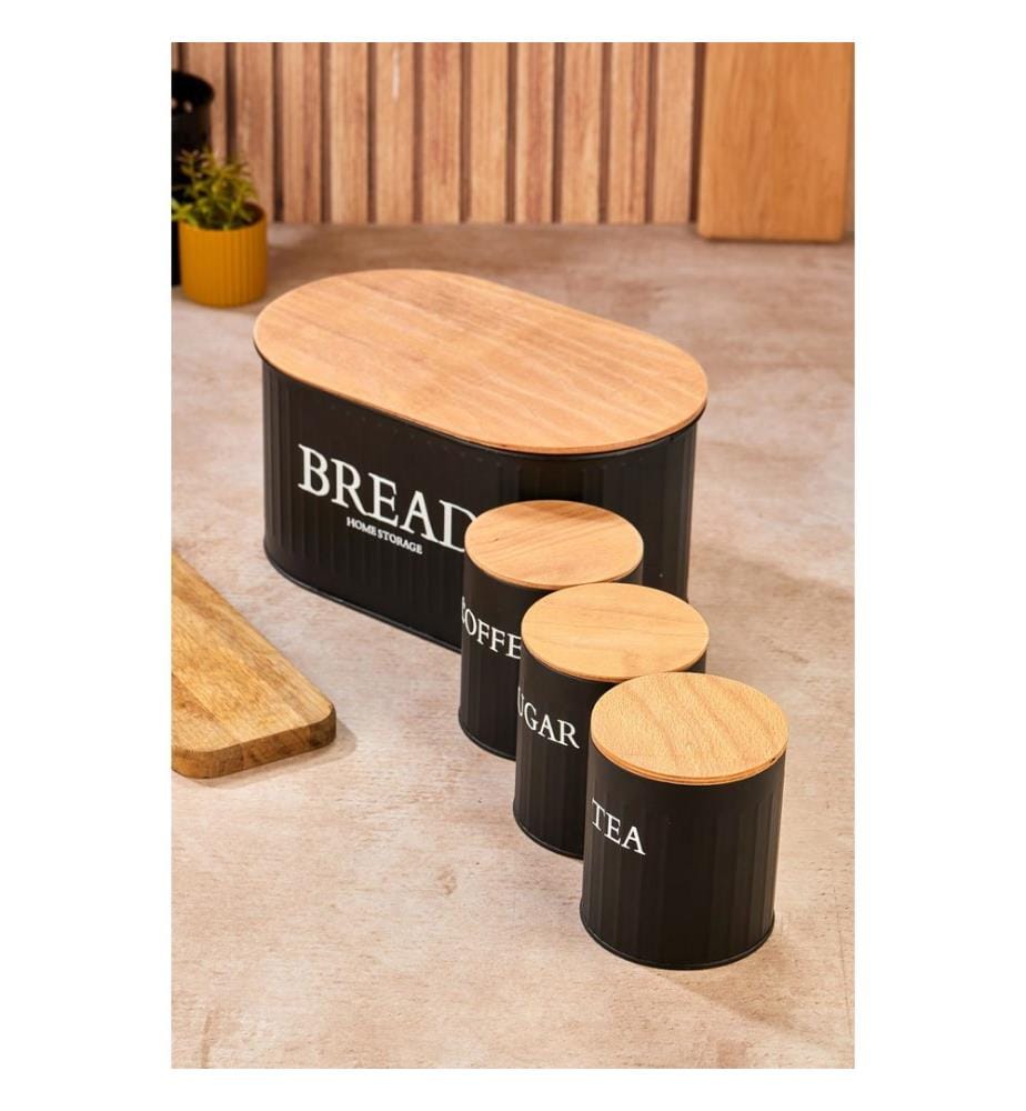 Set di contenitori, 4 pezzi, nero, 100% METALLO, coperchio in legno (4 pezzi)