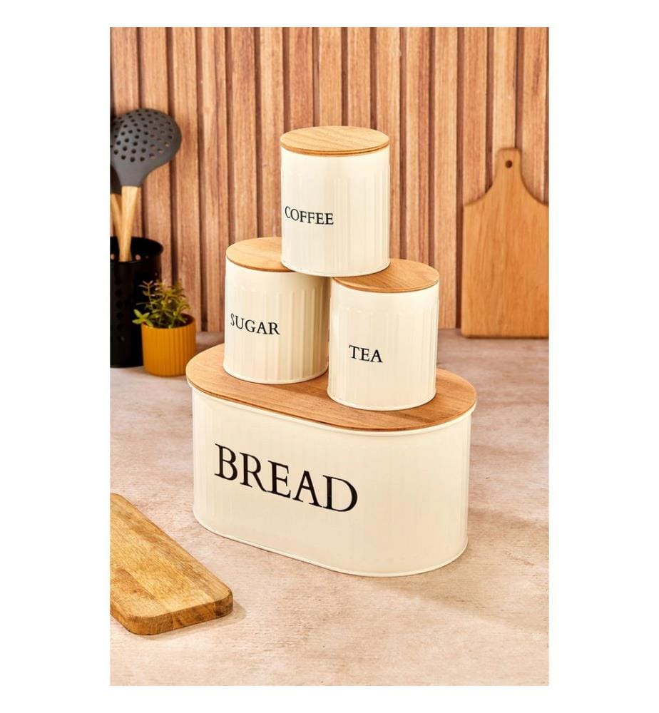 Storage Box Set, 4 Pieces, Cream, 100% METAL, Wooden Lid (4 Pieces)