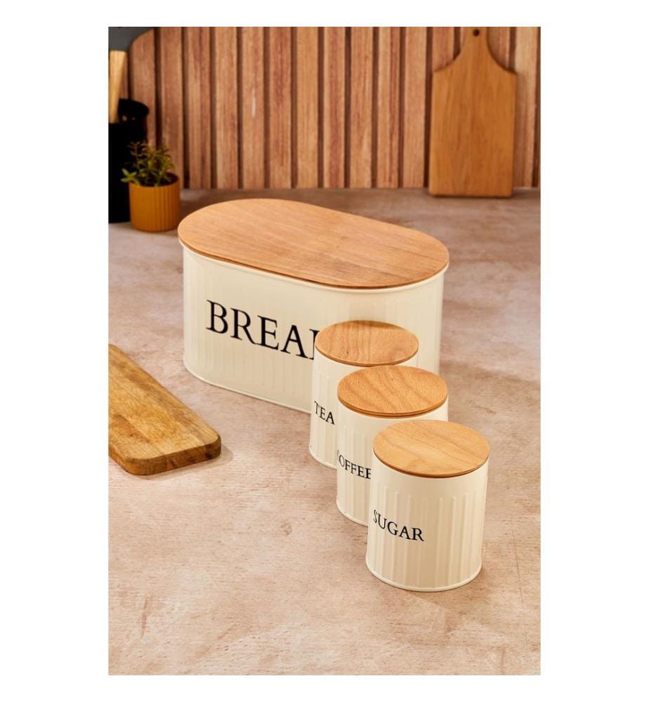 Storage Box Set, 4 Pieces, Cream, 100% METAL, Wooden Lid (4 Pieces)