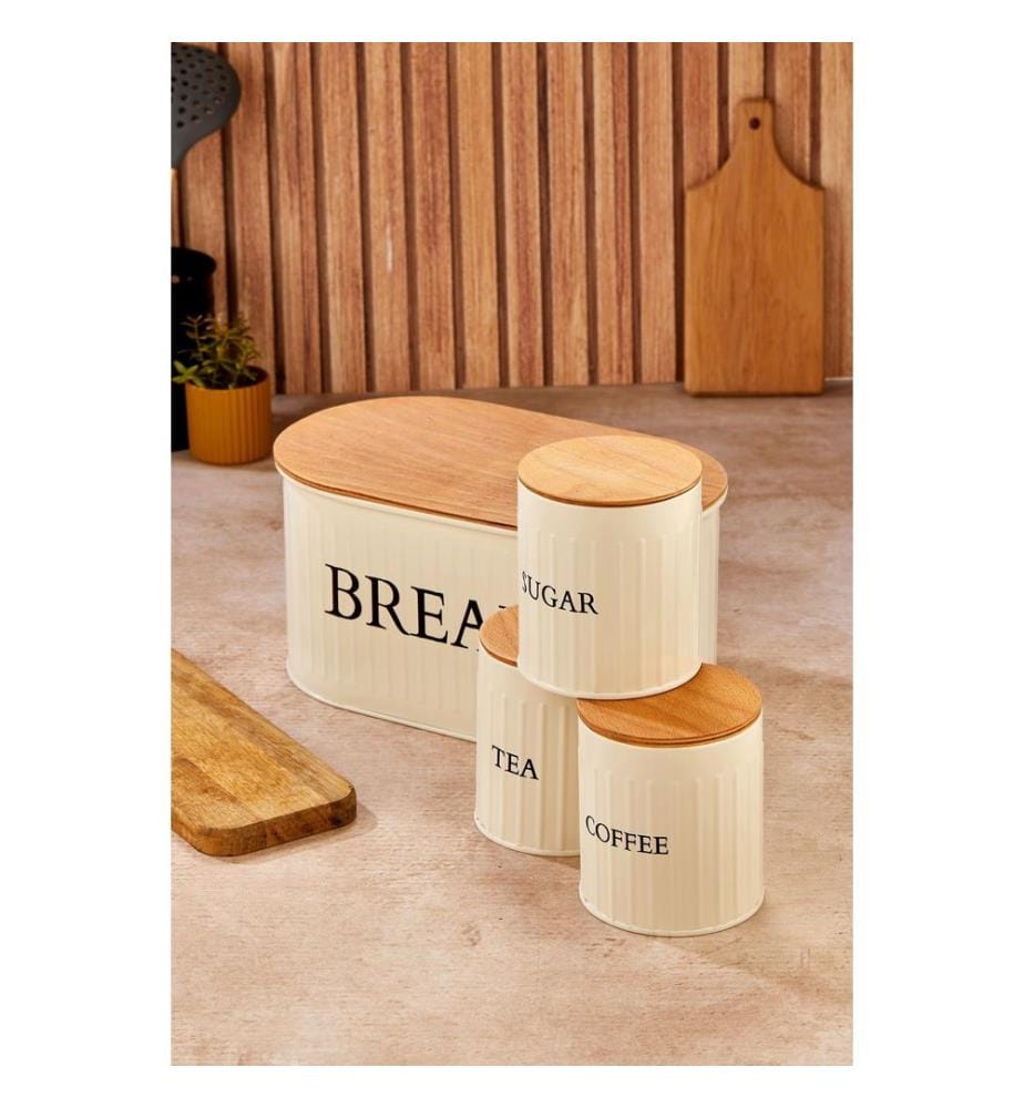 Storage Box Set, 4 Pieces, Cream, 100% METAL, Wooden Lid (4 Pieces)
