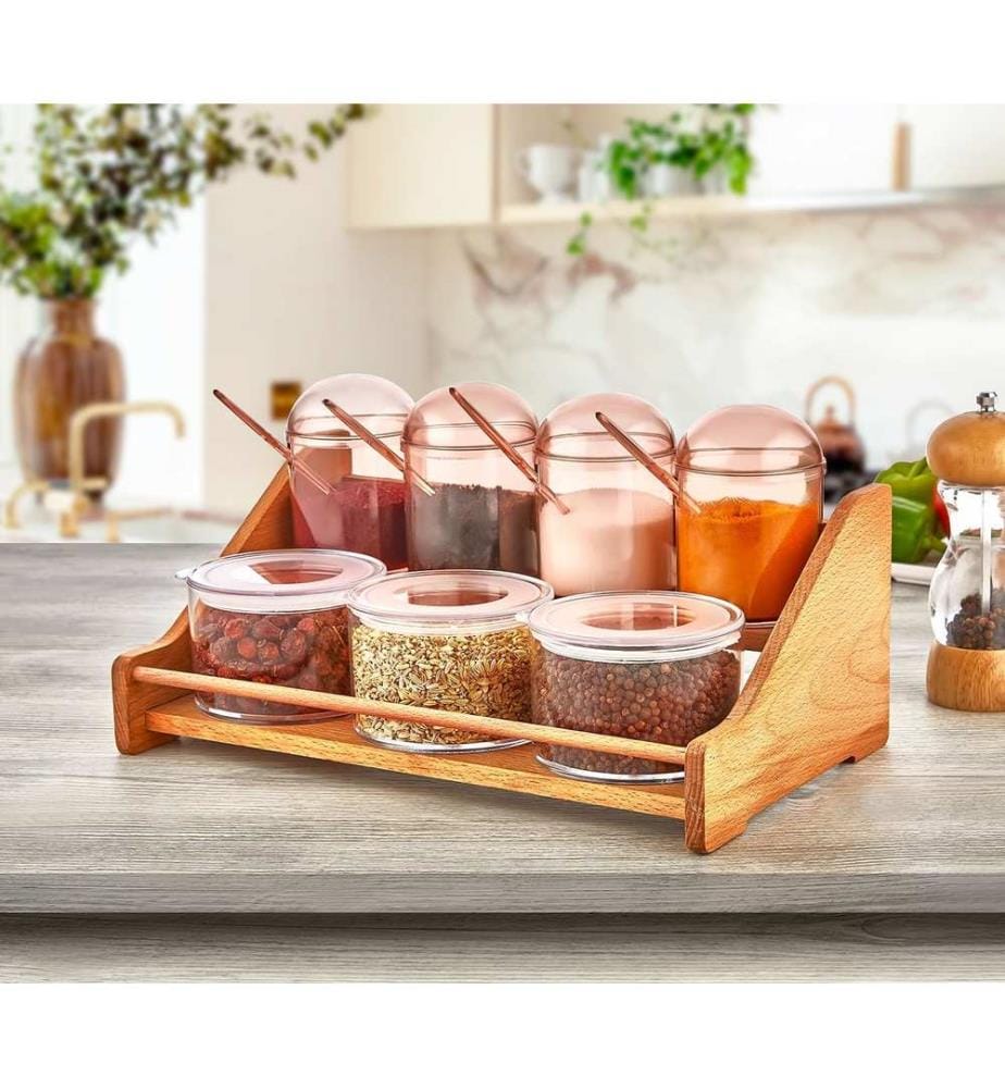 Spice Jar & Kitchen Shelf Set, Wooden, Light Brown, Jar: 100% Plastic