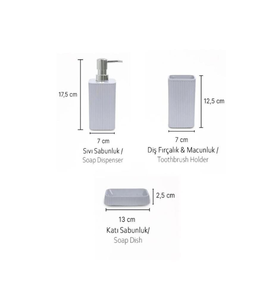 Bathroom Set, 3 Pieces, White, Grey, %100 PLASTIC