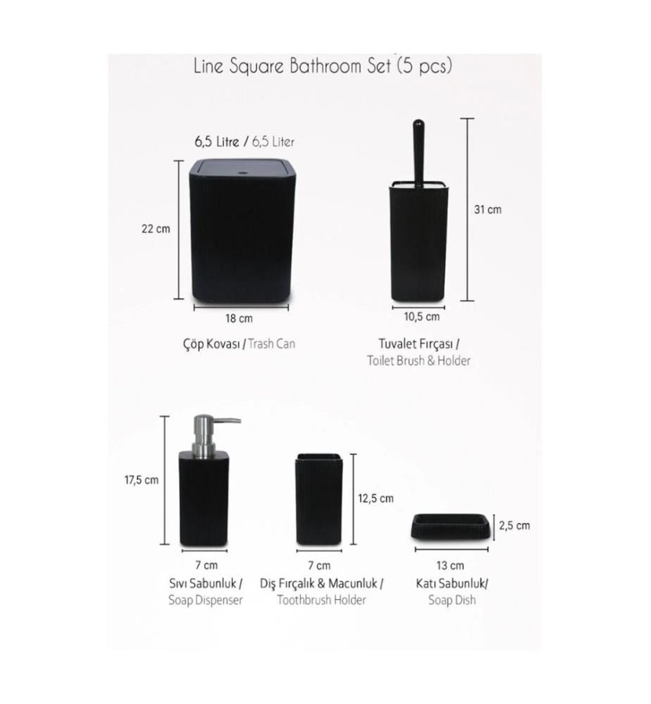 Set da bagno, 5 pezzi, nero, 100% PLASTICA