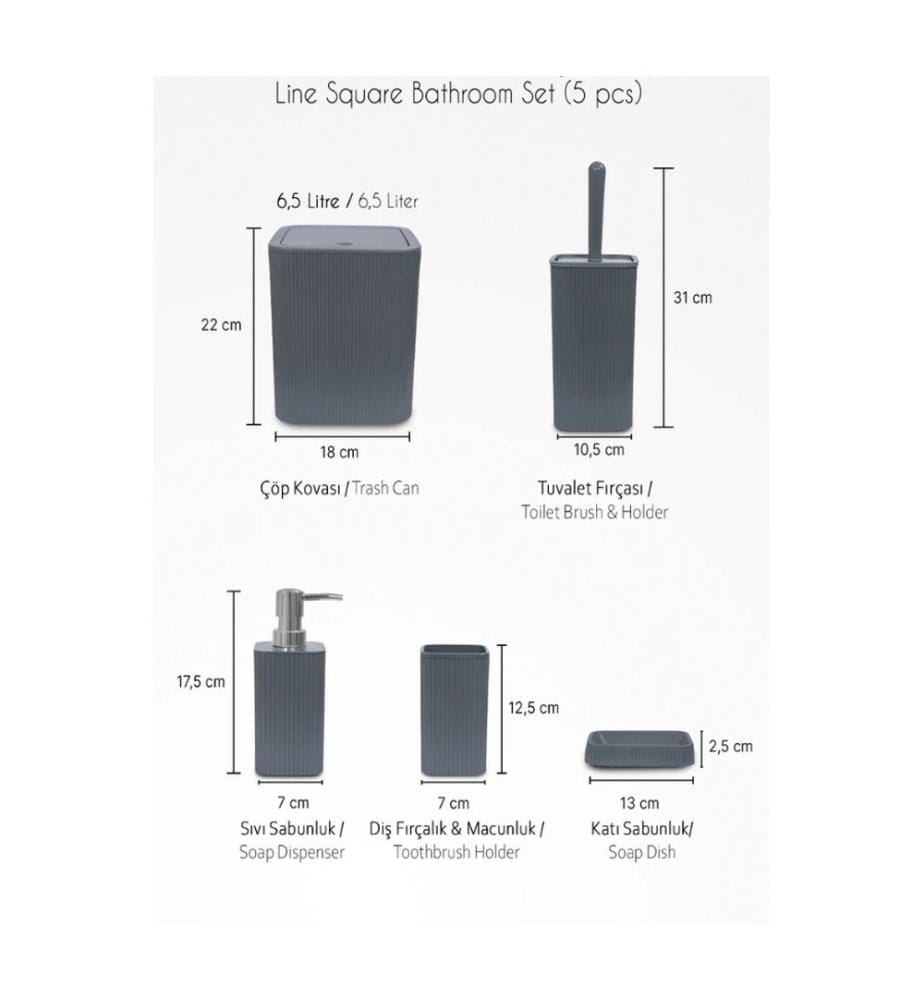 Bathroom Set, 5 Pieces, Grey, %100 PLASTIC