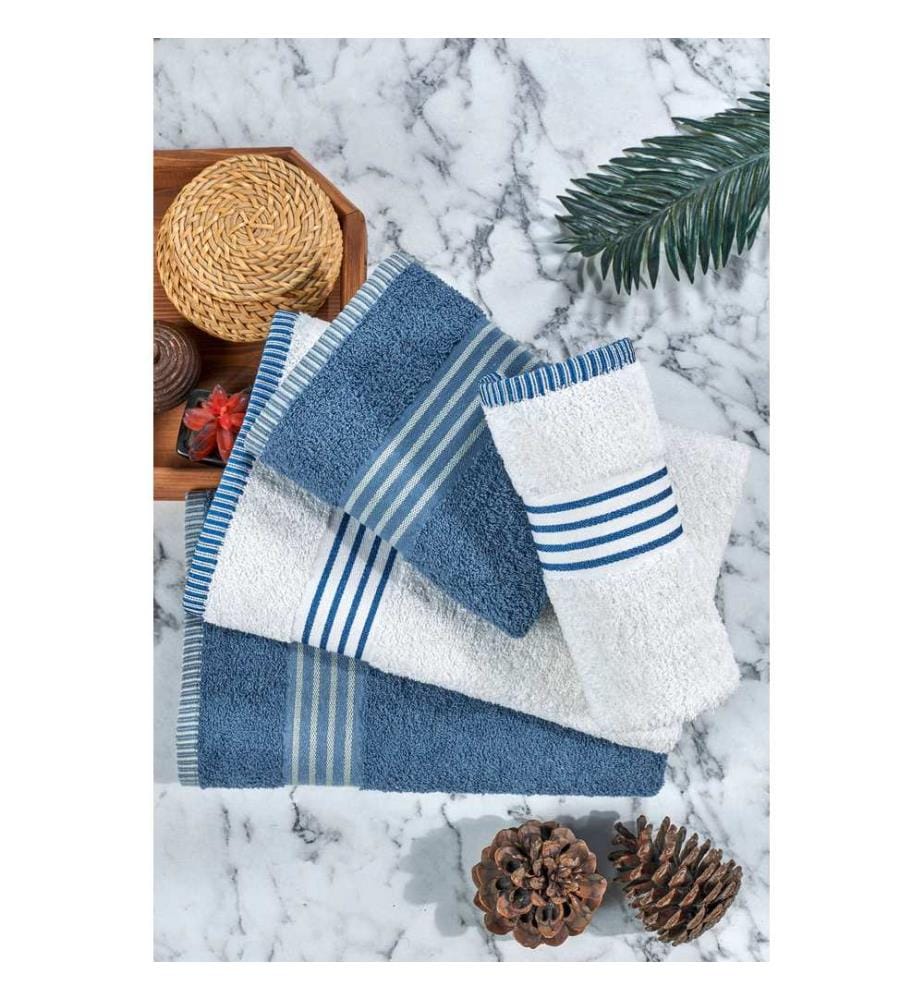 Set di asciugamani, 4 pezzi, blu, crema, 100% cotone