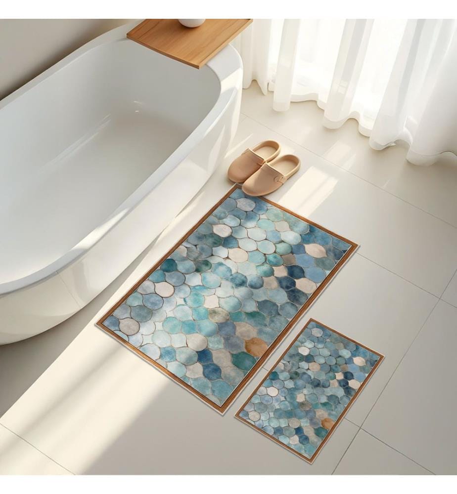 Bathmat Set, 2 Pieces, Blue, 100% POLYESTER