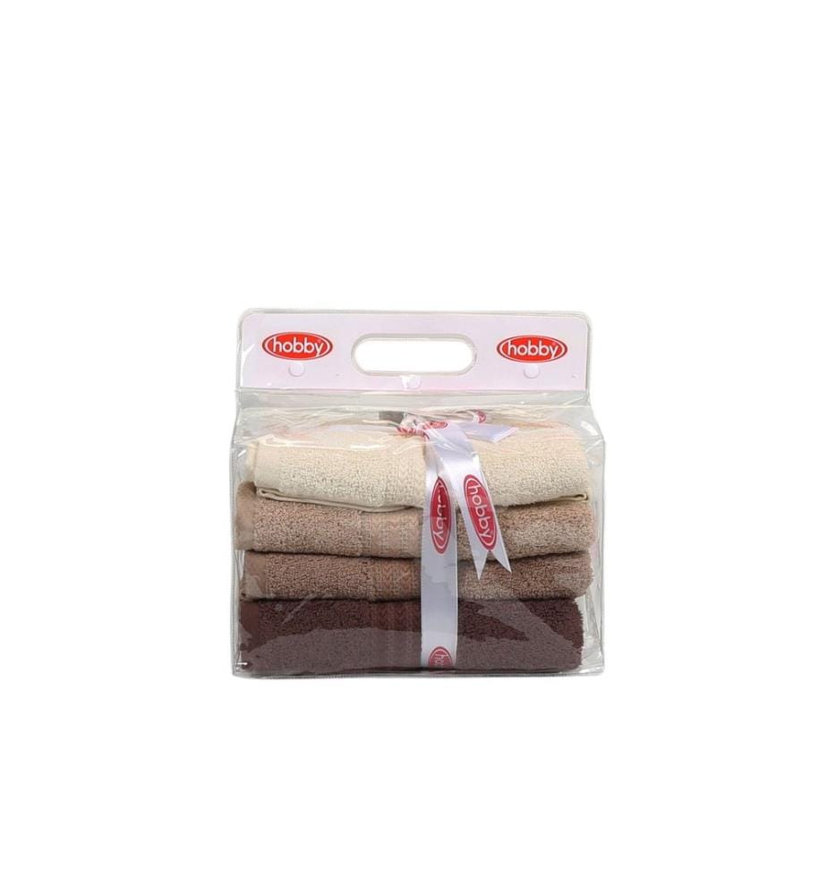 Waschhandtuchset, 4-teilig, 100 % Baumwolle, Creme, Beige, Braun