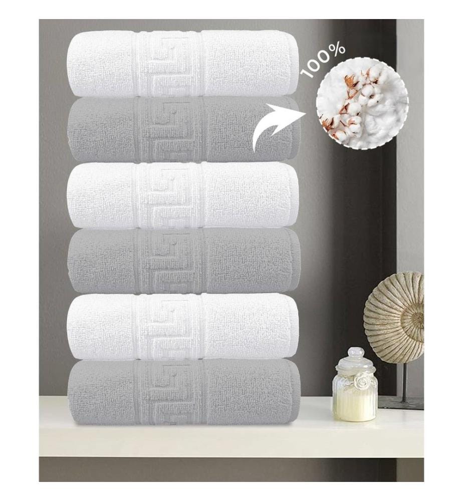 Ensemble de 6 serviettes de toilette, 100 % coton, gris et blanc