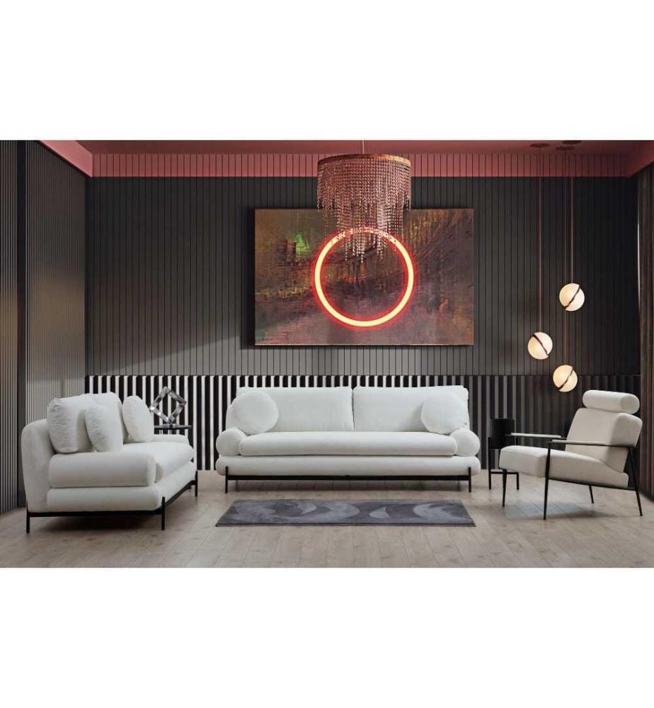 2-Seat Sofa, White, Beech Wood - Chipboard Frame, Polyester Fabric