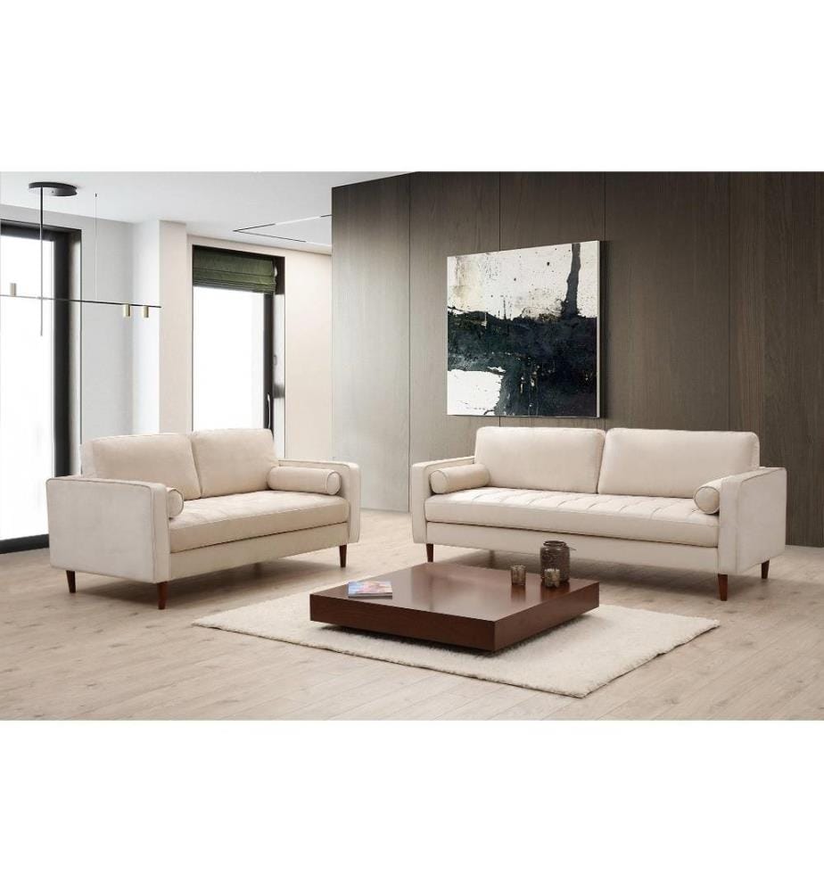 2-Sitz-Sofa, Beige, Gestell aus Buchenholz - Spanplatte, Stoff aus Polyester