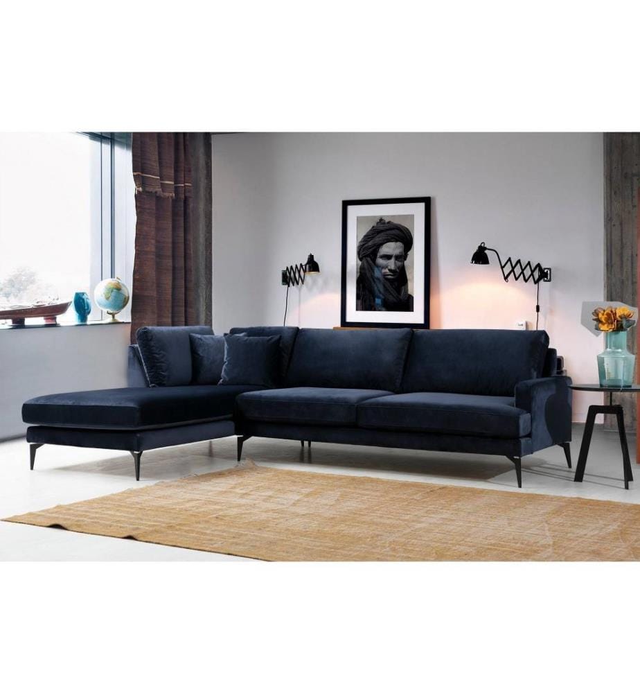 Ecksofa, Marineblau, Gestell aus Buchenholz - Spanplatte, Stoff aus Polyester