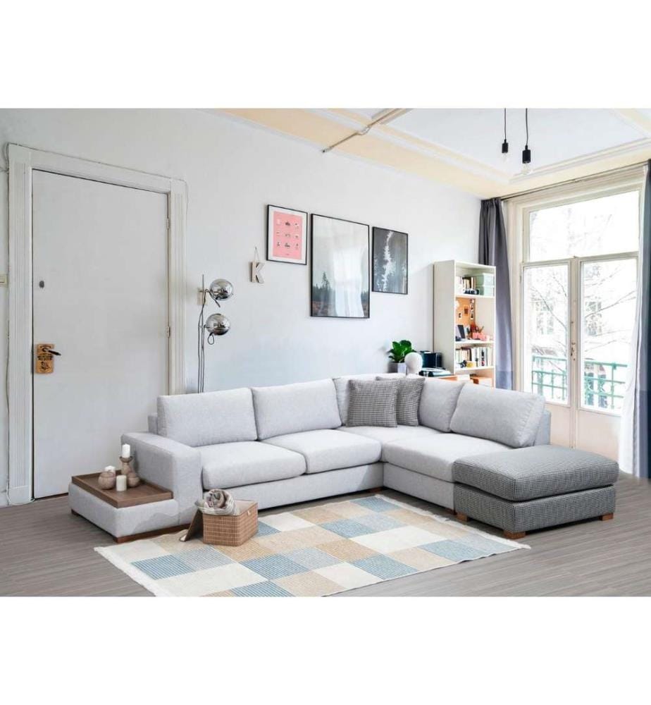 Ecksofa, Grau, Hellgrau, Gestell aus Buchenholz - Spanplatte, Stoff aus Polyester